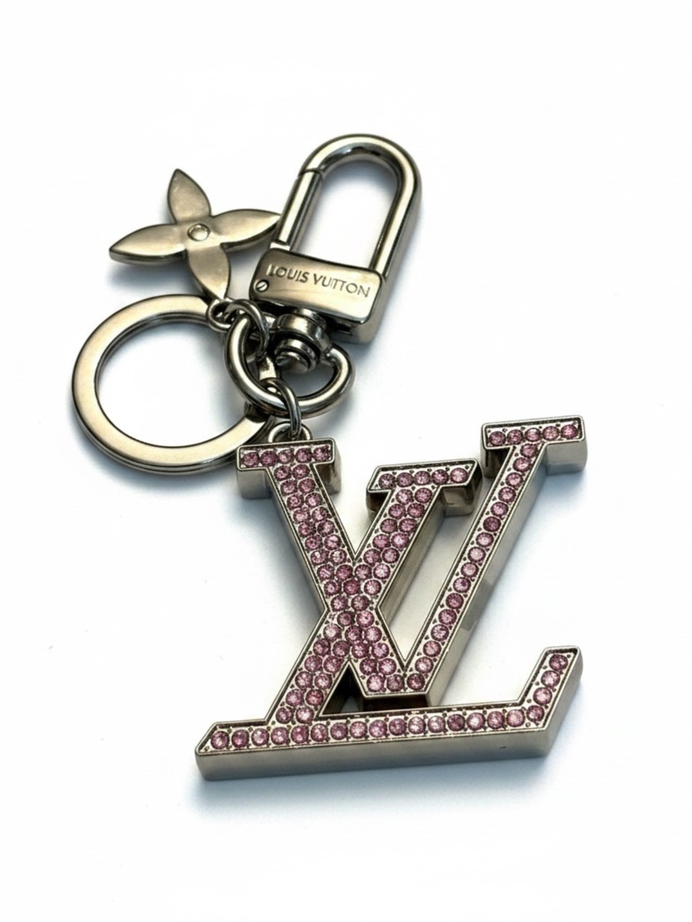 L V Silver Tone Keychain Charm with Pink Crystal LV Pendant bag charm NEW